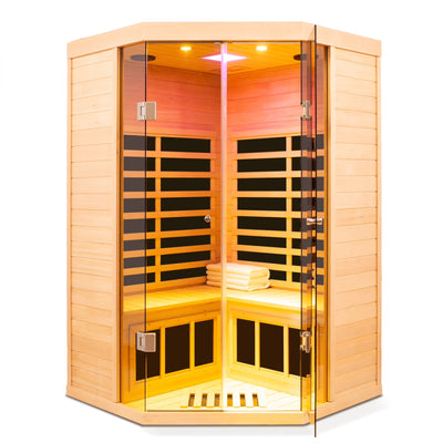 2-Person Corner Far-Infrared Sauna – Canadian Hemlock with App Control & Bluetooth