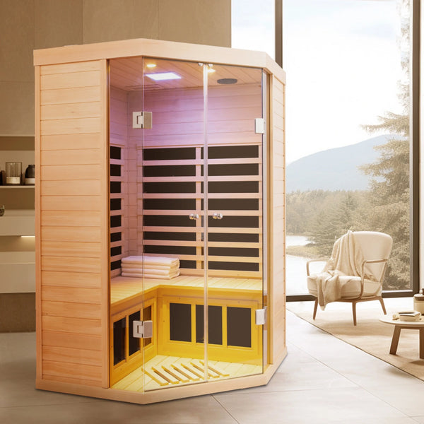 2-Person Corner Far-Infrared Sauna – Canadian Hemlock with App Control &amp; Bluetooth