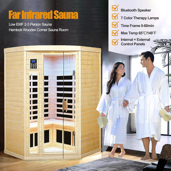 2–3 Person Corner Far-Infrared Sauna – Canadian Hemlock with Bluetooth &amp; Ambient Lighting