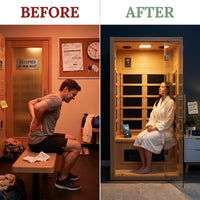 1 Person Extendable FAR Infrared Sauna for Home, Hemlock Wood Low EMF 6 Carbon Heaters Indoor Saunas with LED Lights, Bluetooth Speaker, Digital Control Panel, and Seating Bench — Before & After