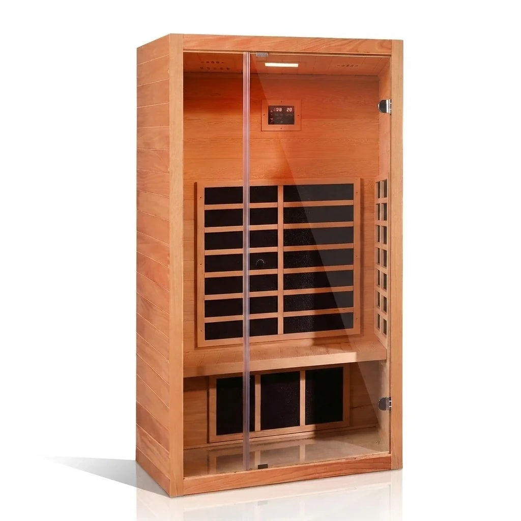 1 Person Extendable FAR Infrared Sauna for Home, Hemlock Wood Low EMF 6 Carbon Heaters Indoor Saunas with LED Lights, Bluetooth Speaker, Digital Control Panel, and Seating Bench — Studio Shot