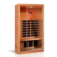 1 Person Extendable FAR Infrared Sauna for Home, Hemlock Wood Low EMF 6 Carbon Heaters Indoor Saunas with LED Lights, Bluetooth Speaker, Digital Control Panel, and Seating Bench — Studio Shot